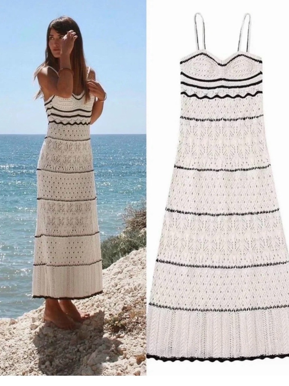 Lucky Brand Crochet Bohemian Black And Off White Ivory Midi Boho Dress